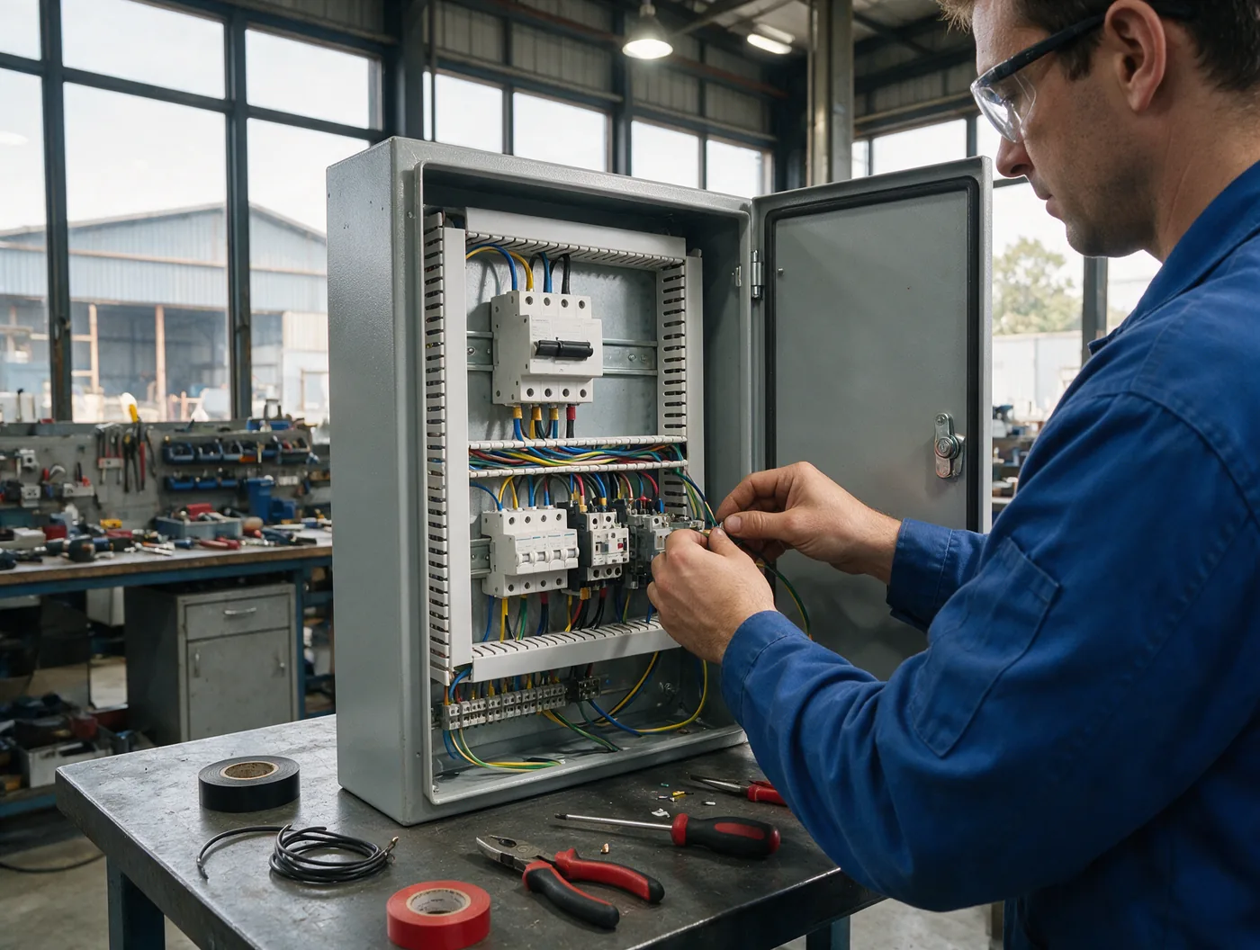 Técnico eletricista industrial com óculos de proteção montando a fiação de um painel elétrico